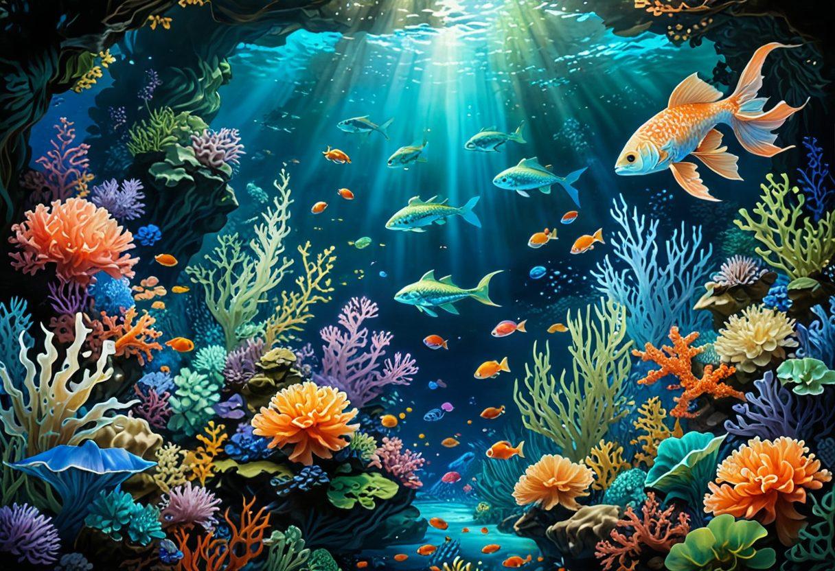 An imaginative underwater scene revealing hidden treasures, featuring mythical creatures symbolizing various kinky fantasies from hentai anime and manga. Soft light filters through water, illuminating vivid colors and intricate details, showcasing playful characters interacting in a whimsical, enchanting environment. Include subtle hints of Japanese art style elements to enhance authenticity. vibrant colors. painting.