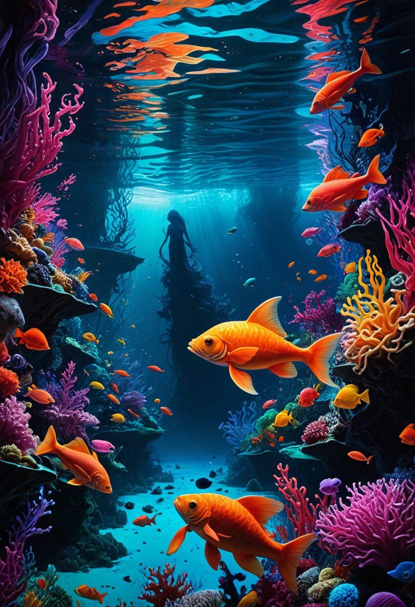 A surreal and moody underwater scene where colorful sea creatures embody various taboo temptations, wrapped in swirling currents of vibrant neon hues. Ethereal figures representing desire and allure are seductively intertwined within the marine landscape, hinting at both mystery and controversy. The background features ominous shadows and contrasting light, creating a tension-filled atmosphere. Influenced by surrealism and modern fantasy art styles, with vivid colors and intricate details.